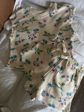 Kids Beige Tropical Print - Short Sleeve & Shorts